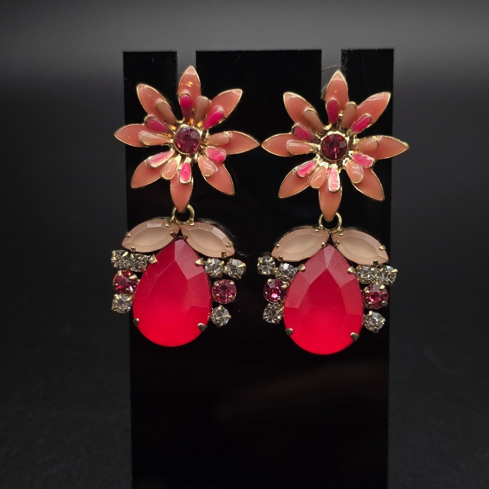 Pink Enamel Rhinestone Flower Earrings Acrylic Pierced